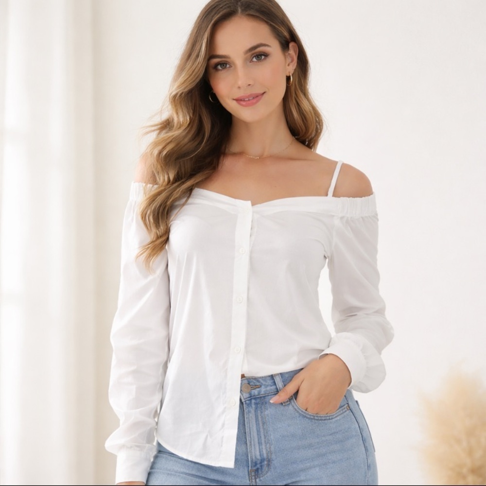 Banana Republic White Boho Button Front Cold Shoulder Strap Blouse Size 4